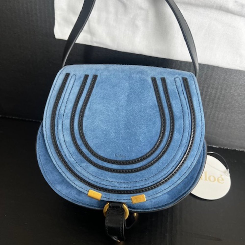 Brand New With Tags Chloe Marcie Cross Body Saddle Blue Suede Bag - Picture 12 of 13